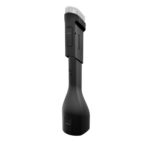 Black handheld device with a white bristle brush head